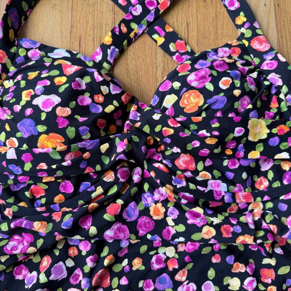 Anne Cole Black Floral Twist Front Tankini Swimsuit Top Sz 18W Ruching Padded - Picture 7 of 9